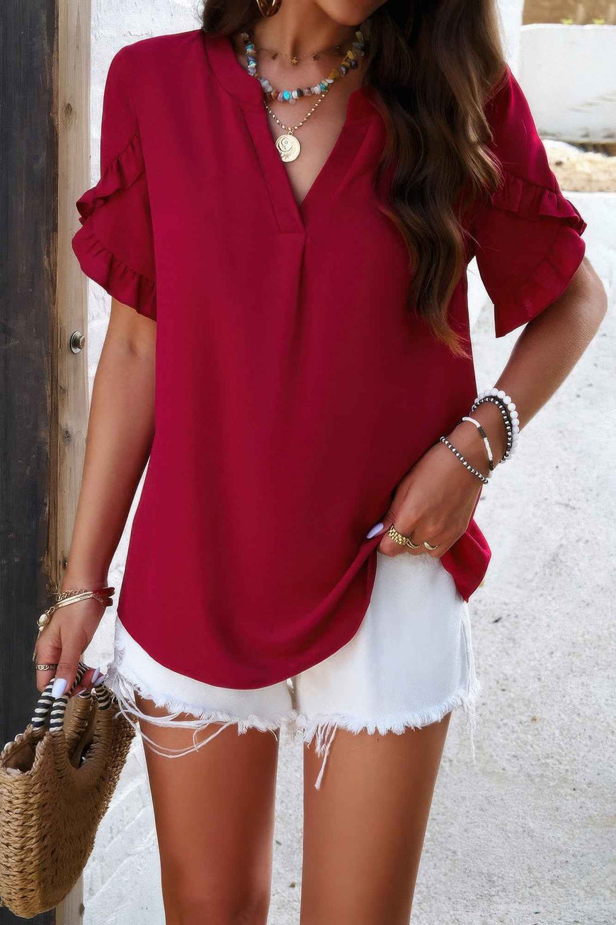 V Neck Ruffle Sleeve Flowy Loose Shirt