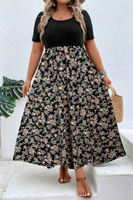 Plus Floral Print Elastic Fit High Waist Dress
