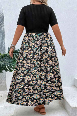 Plus Floral Print Elastic Fit High Waist Dress