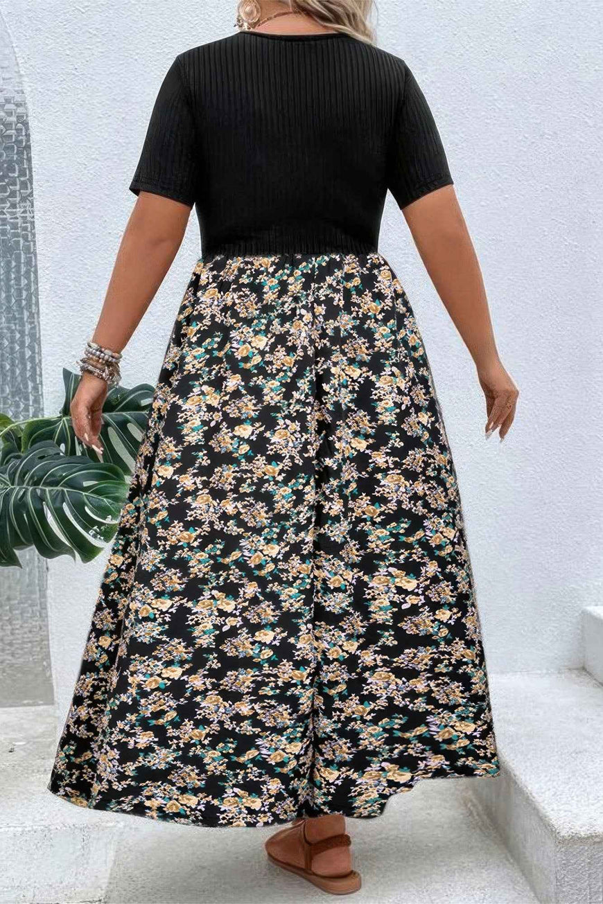 Plus Floral Print Elastic Fit High Waist Dress
