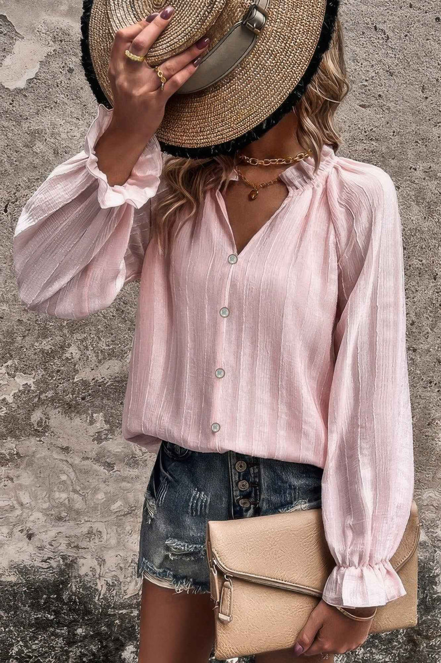 Lapel V Neck Button Down Solid Long Sleeves Shirt