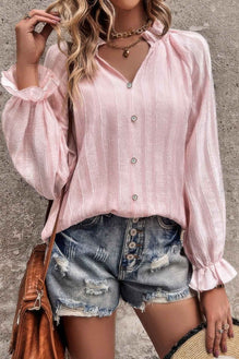 Lapel V Neck Button Down Solid Long Sleeves Shirt