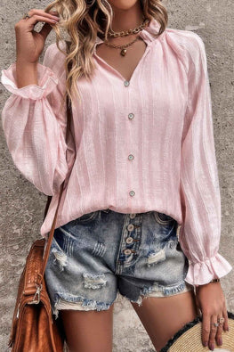 Lapel V Neck Button Down Solid Long Sleeves Shirt