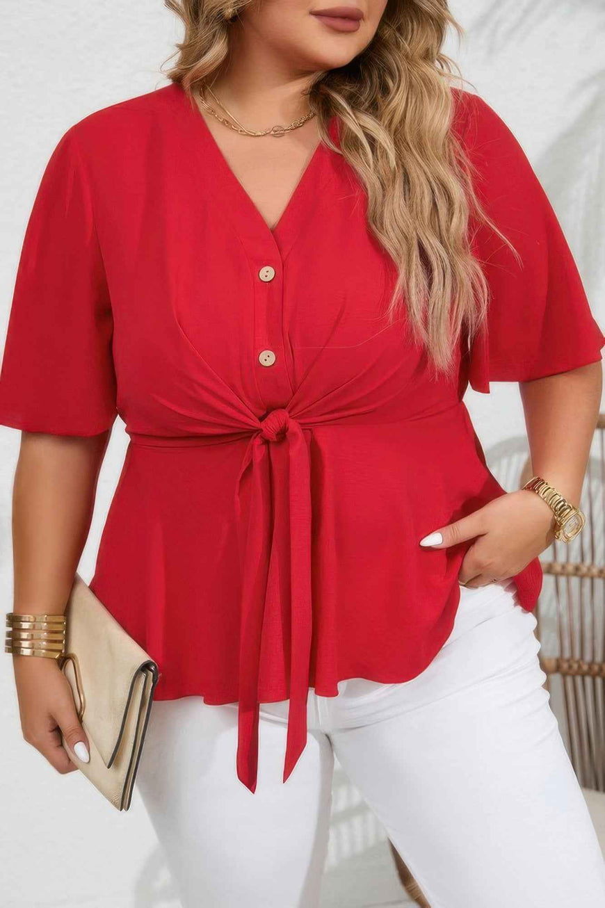 Plus Solid Butterfly Sleeve Knot Front Peplum Shirt