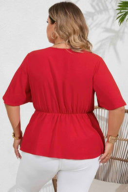 Plus Solid Butterfly Sleeve Knot Front Peplum Shirt