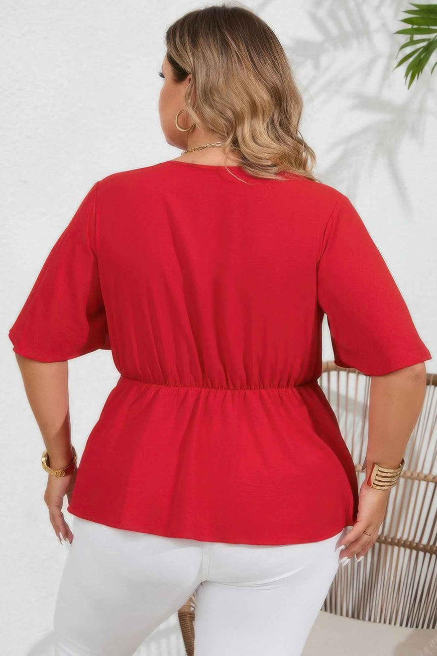 Plus Solid Butterfly Sleeve Knot Front Peplum Shirt