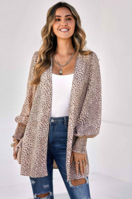 Allover Print Shirred Cuff Lantern Sleeve Kimono