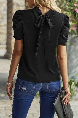 Solid Puff Short Sleeve Mock Neck Pleated T Shirt