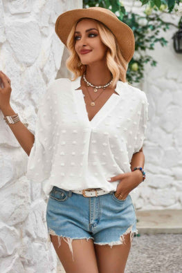 Solid Loose V Neck Fur Ball Bat Sleeves Top