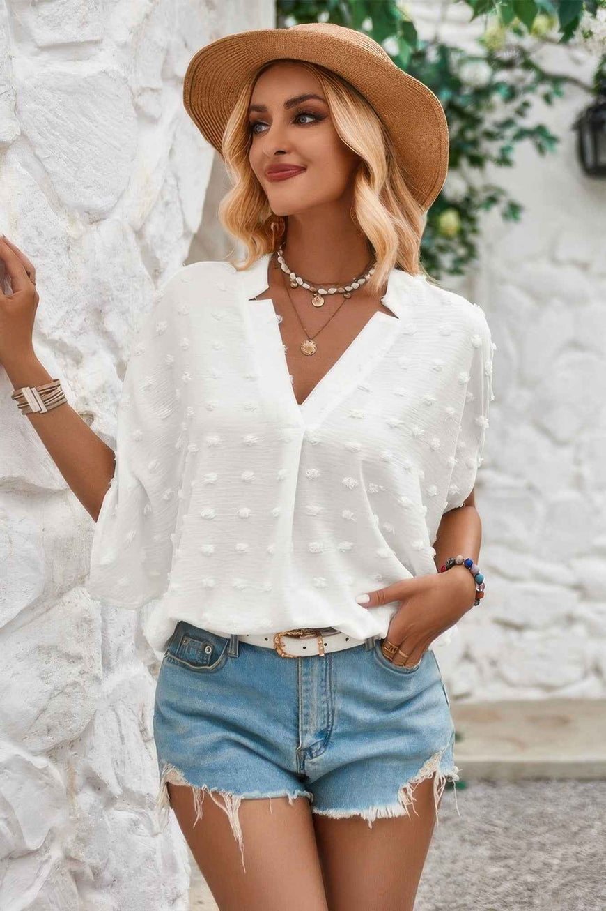 Solid Loose V Neck Fur Ball Bat Sleeves Top
