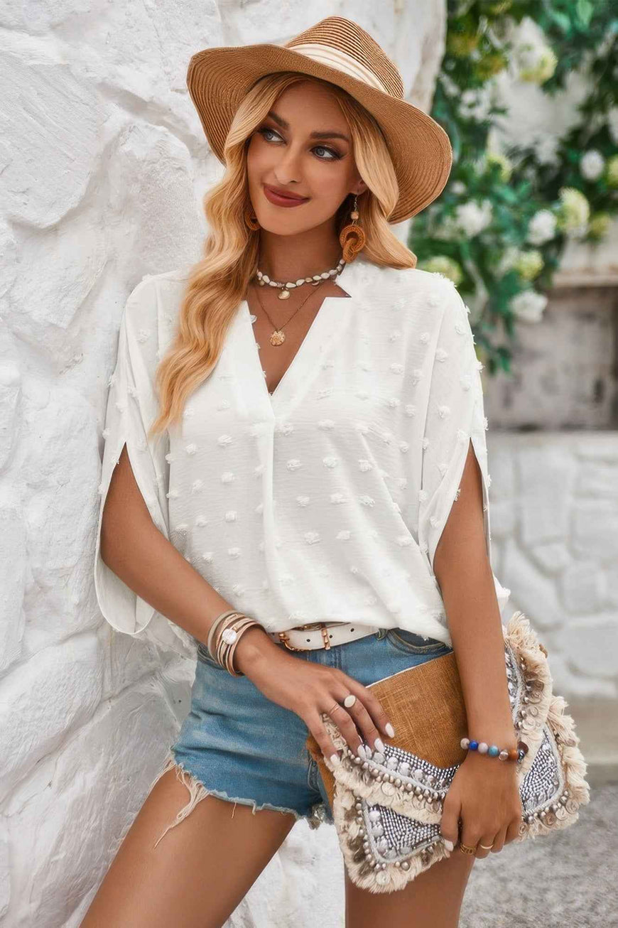 Solid Loose V Neck Fur Ball Bat Sleeves Top