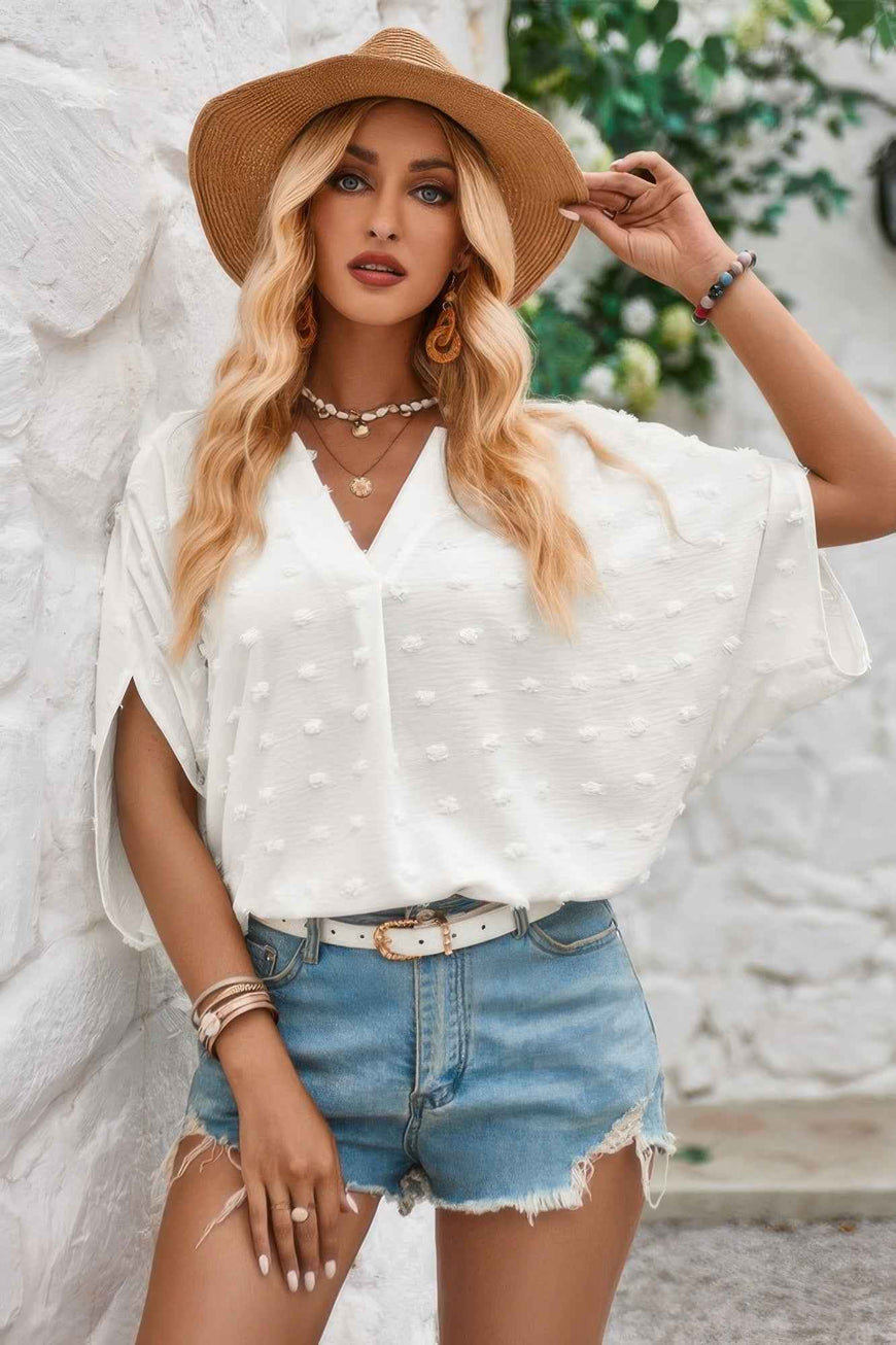 Solid Loose V Neck Fur Ball Bat Sleeves Top