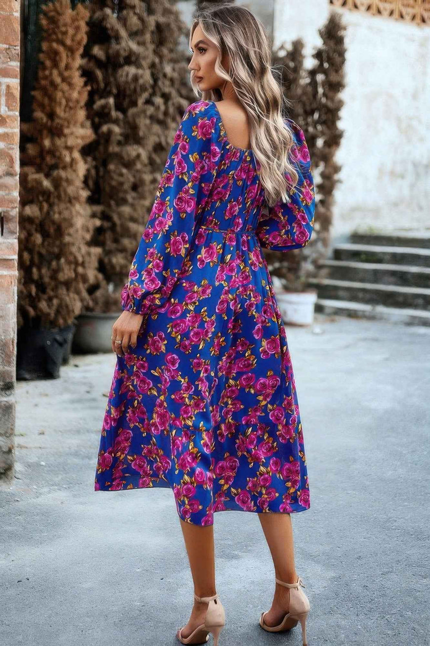 Floral High Elastic Waist Square Neck Pocket Dress