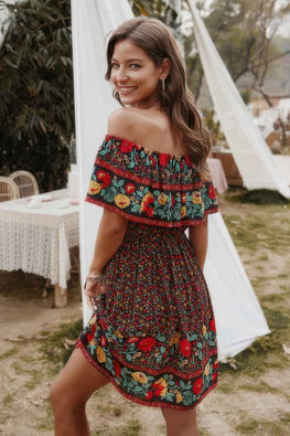 Boho Print Cut Ruffle Accented Pleated Short Dress