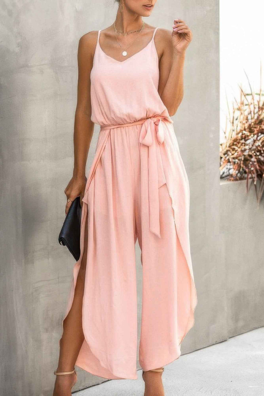 V Neck Suspenders Wide Leg Side Slit Jumpsuit