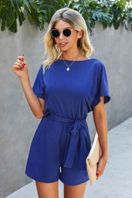 Boat Neck Short Sleeve Waist Tie Loose Romper