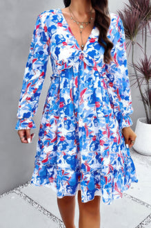 Elegant Printed V Neck Ruffled A Line Mini Dress