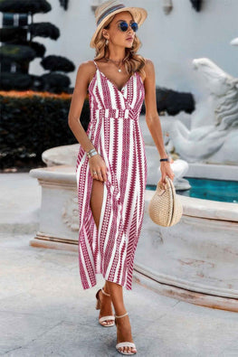 V Neck Geo Print Split Thigh Sleeveless Cami Dress