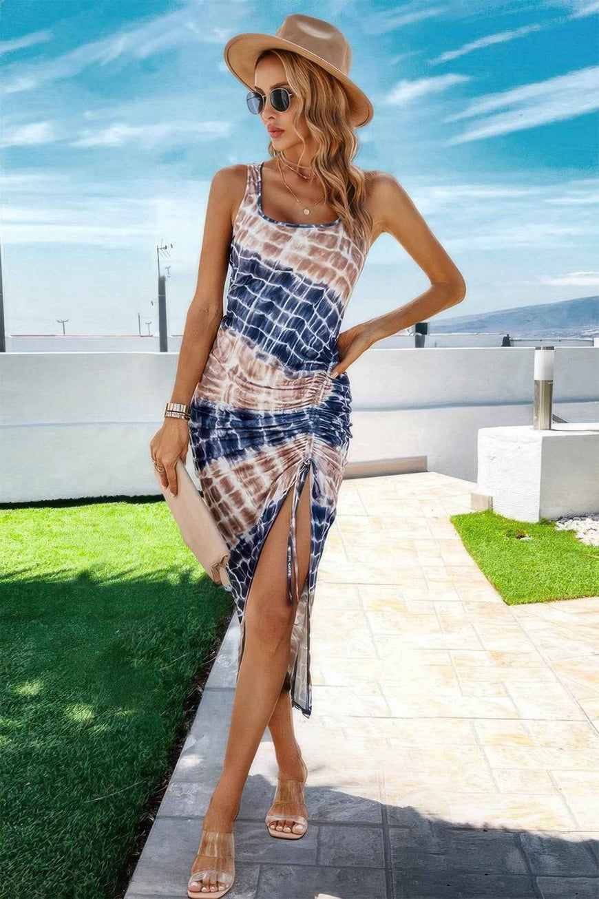 Scoop Neck Tie Dye Split Thigh Drawstring Midi Dress