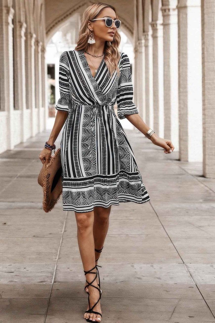 Allover Print Surplice Neck Ruffle Hem Fit Dress