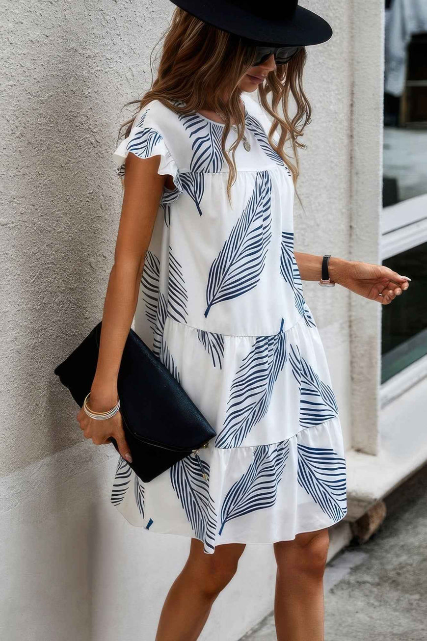 Leaf Print Ruffle Sleeves A Line Midi Dress