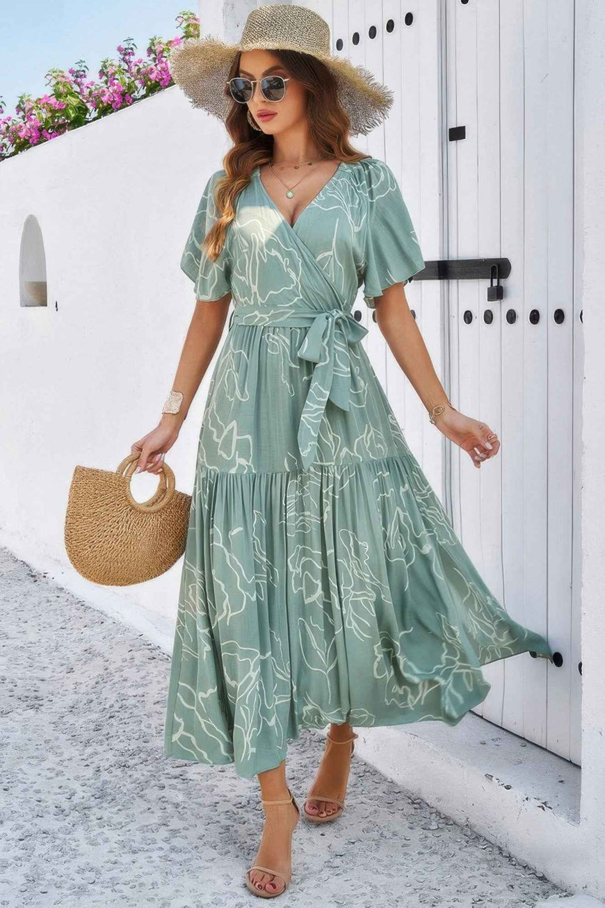 Allover Print V Neck Fit Belt A Line Long Dress