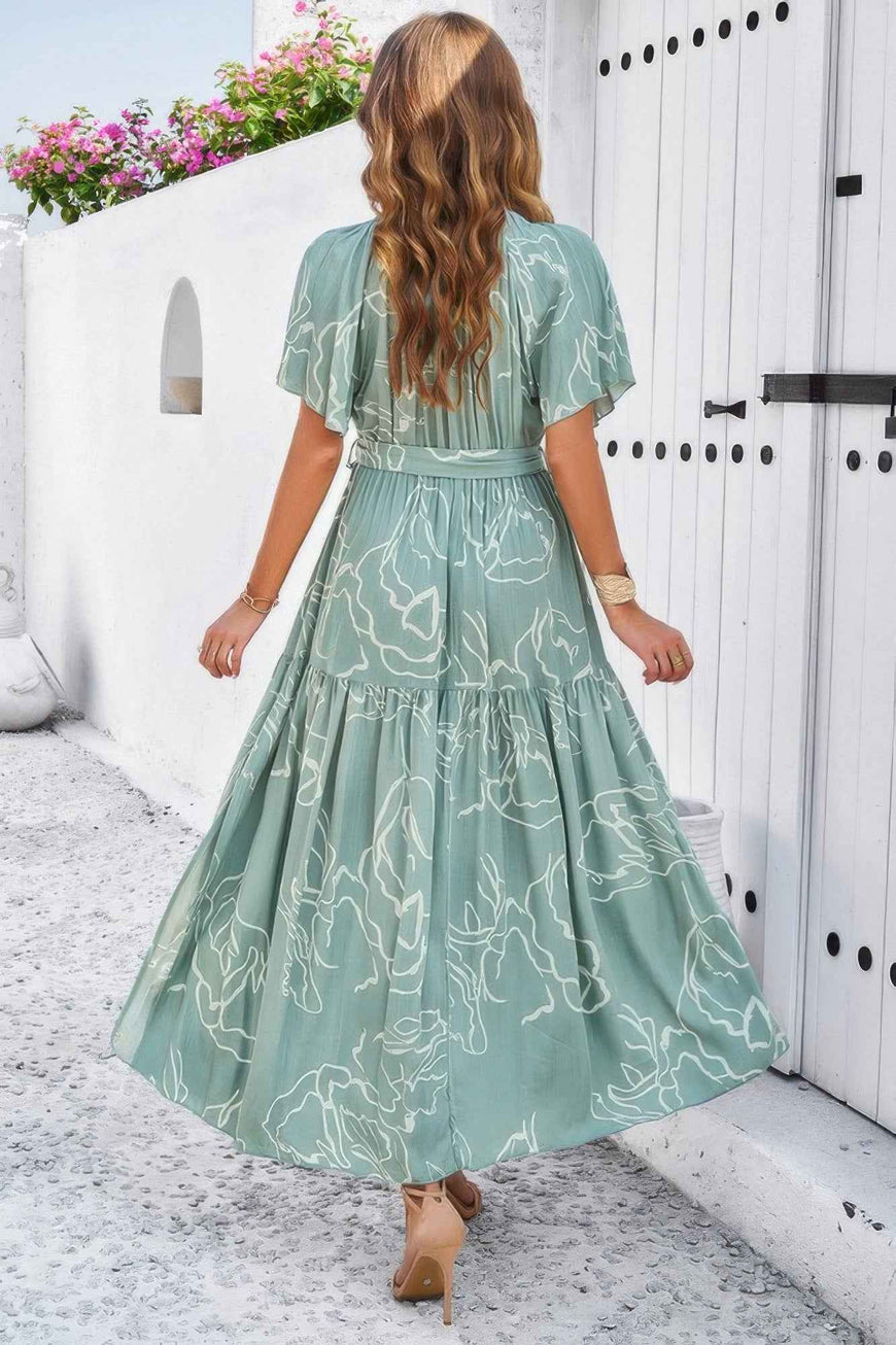 Allover Print V Neck Fit Belt A Line Long Dress