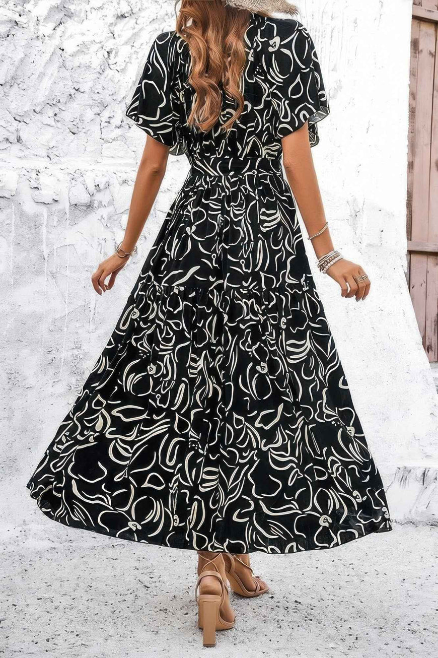 Allover Print V Neck Fit Belt A Line Long Dress