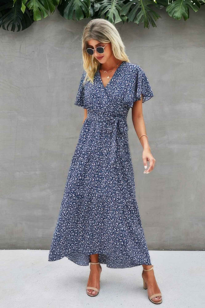 V Neck Blue Floral Short Sleeve Wrap Dress