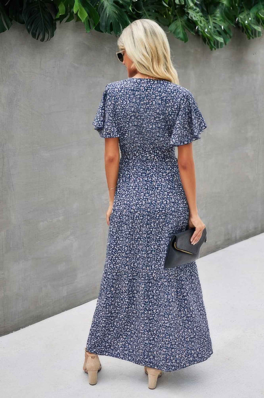 V Neck Blue Floral Short Sleeve Wrap Dress