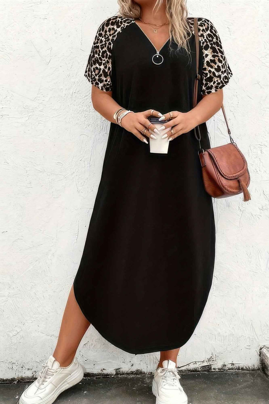 Plus Size Zipper Leopard Print Loose Fit Dress