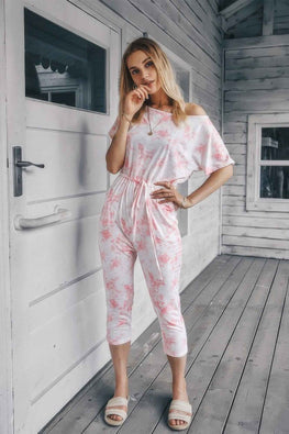 Tie Dye One Shoulder Drawstring Fit Jumpsuit