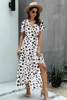 Allover Print High V Neck Low Wrap Dress