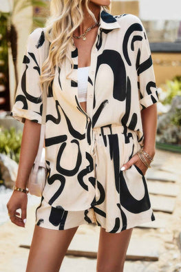 Two Piece Printed Button Down Elastic Waist Sets