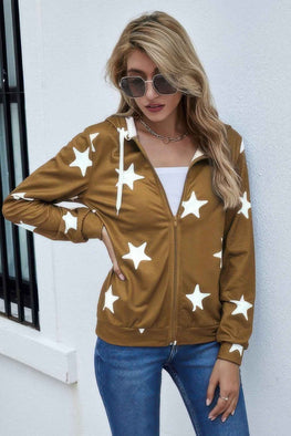 Stars Print Zip Up Long Sleeve Drawstring Hoodie