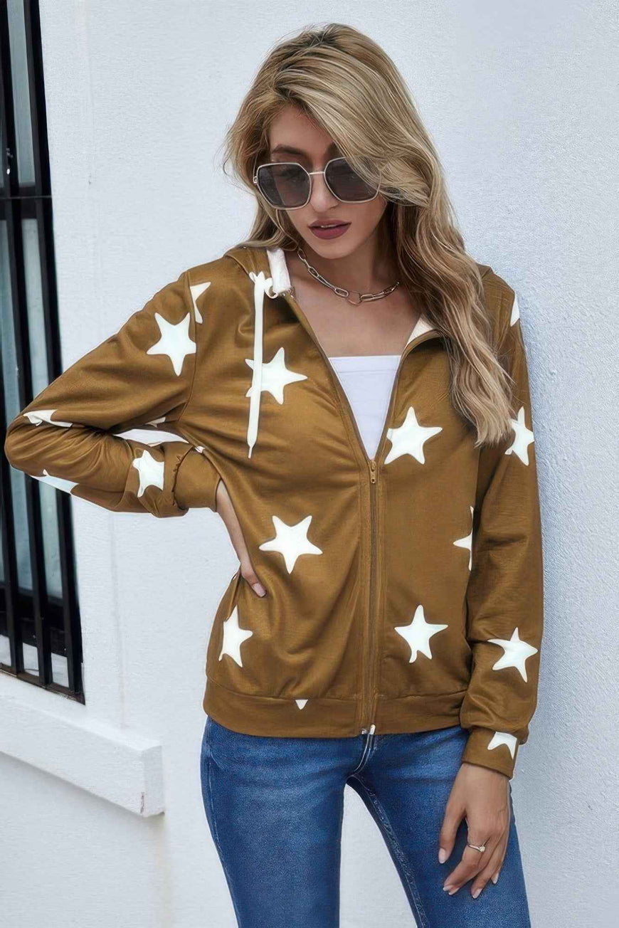 Stars Print Zip Up Long Sleeve Drawstring Hoodie