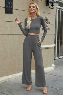 Two Pieces Crew Neck Solid Pockets Fit Set