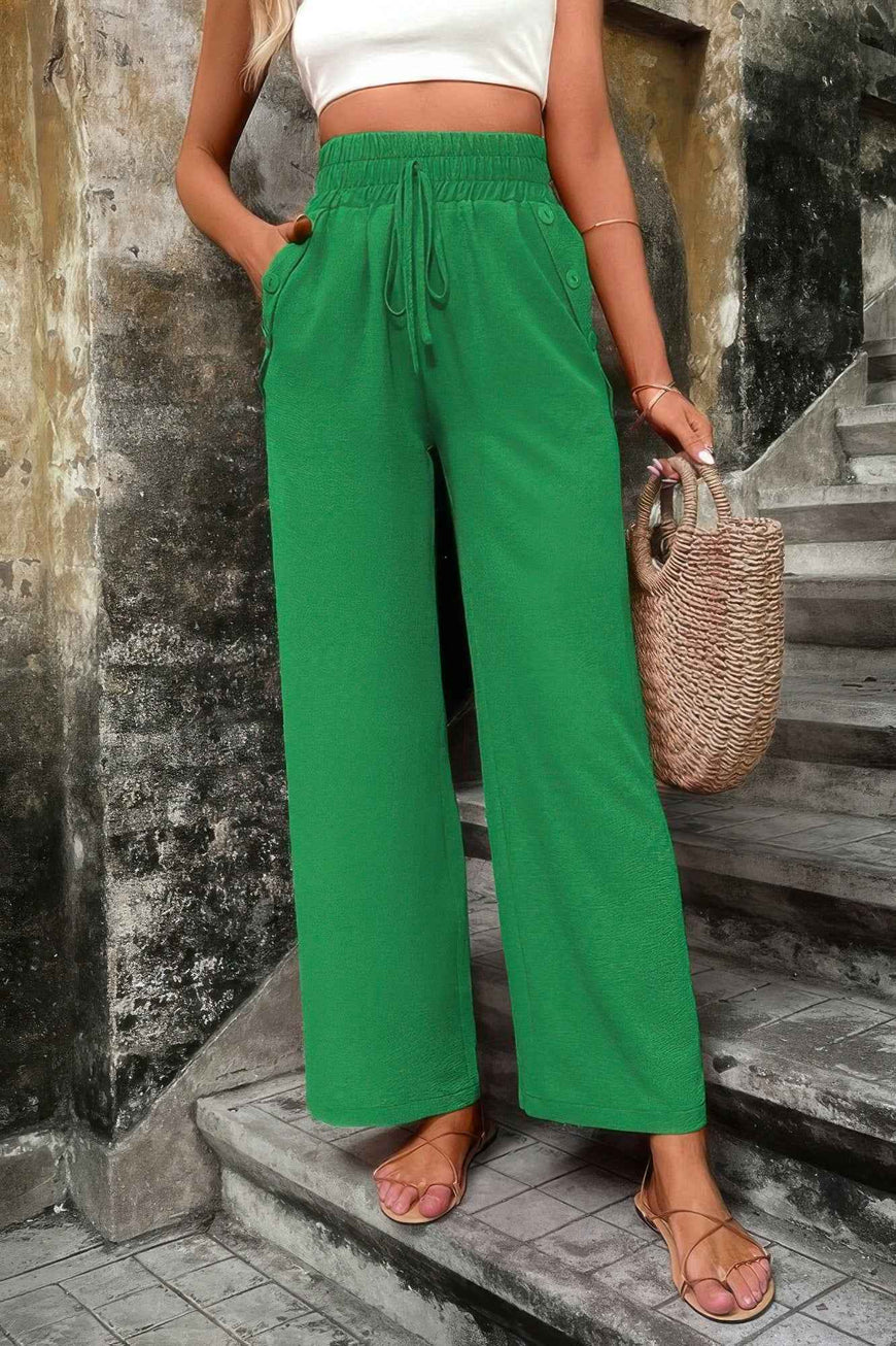 Solid Elegant Wide Leg Drawstring Waist Pockets Pant