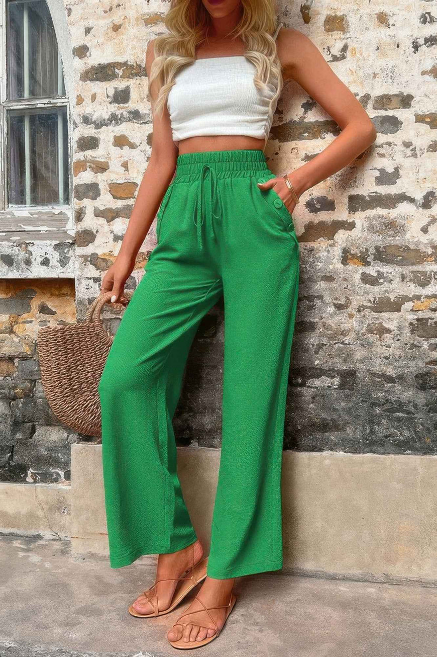 Solid Elegant Wide Leg Drawstring Waist Pockets Pant