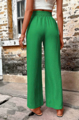Solid Elegant Wide Leg Drawstring Waist Pockets Pant