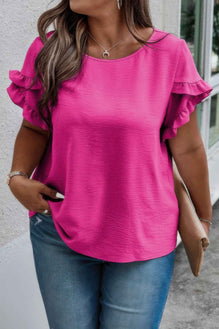 Plus Size Round Neck Ruffle Solid Loose Shirt