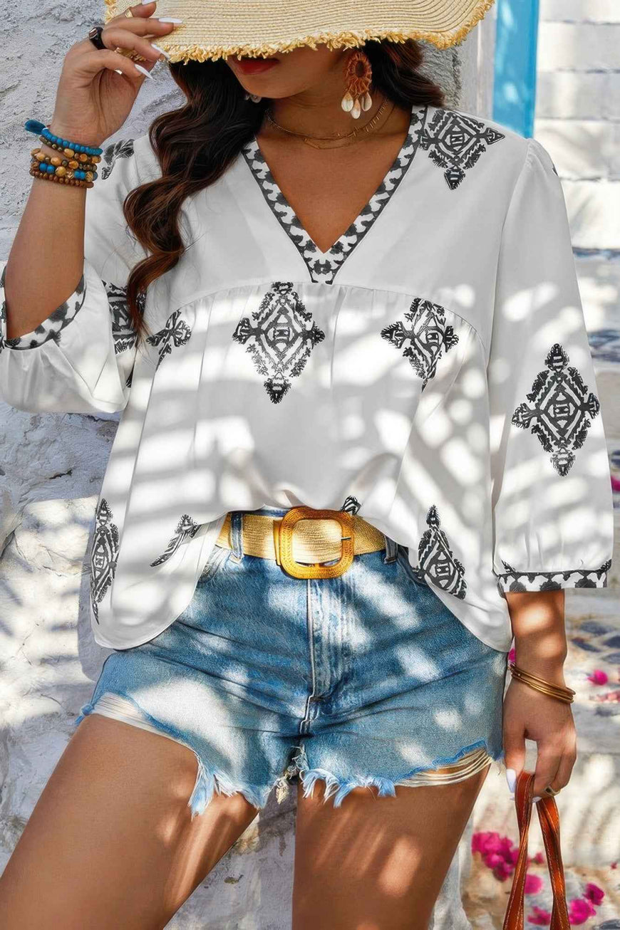 Plus V Neck Geometric Printed Embroidered Peplum Shirt