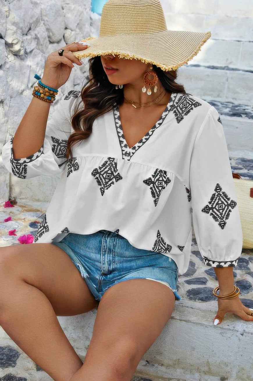 Plus V Neck Geometric Printed Embroidered Peplum Shirt