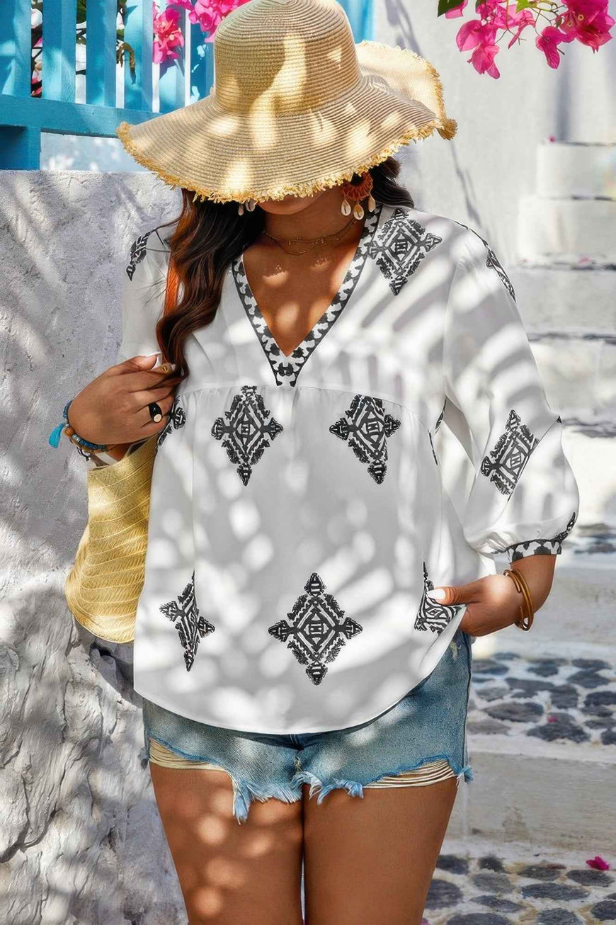 Plus V Neck Geometric Printed Embroidered Peplum Shirt