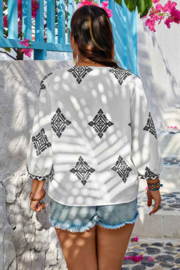 Plus V Neck Geometric Printed Embroidered Peplum Shirt