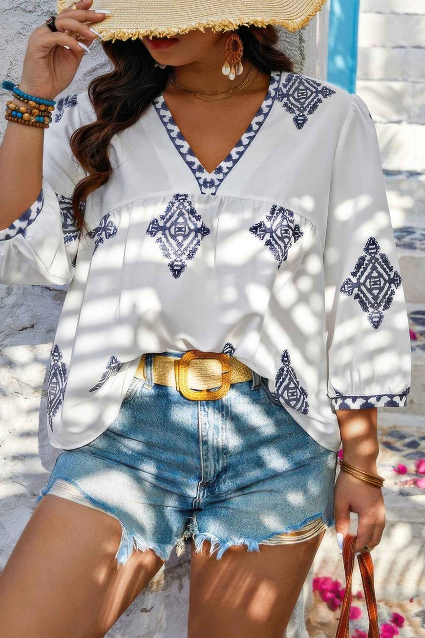 Plus V Neck Geometric Printed Embroidered Peplum Shirt
