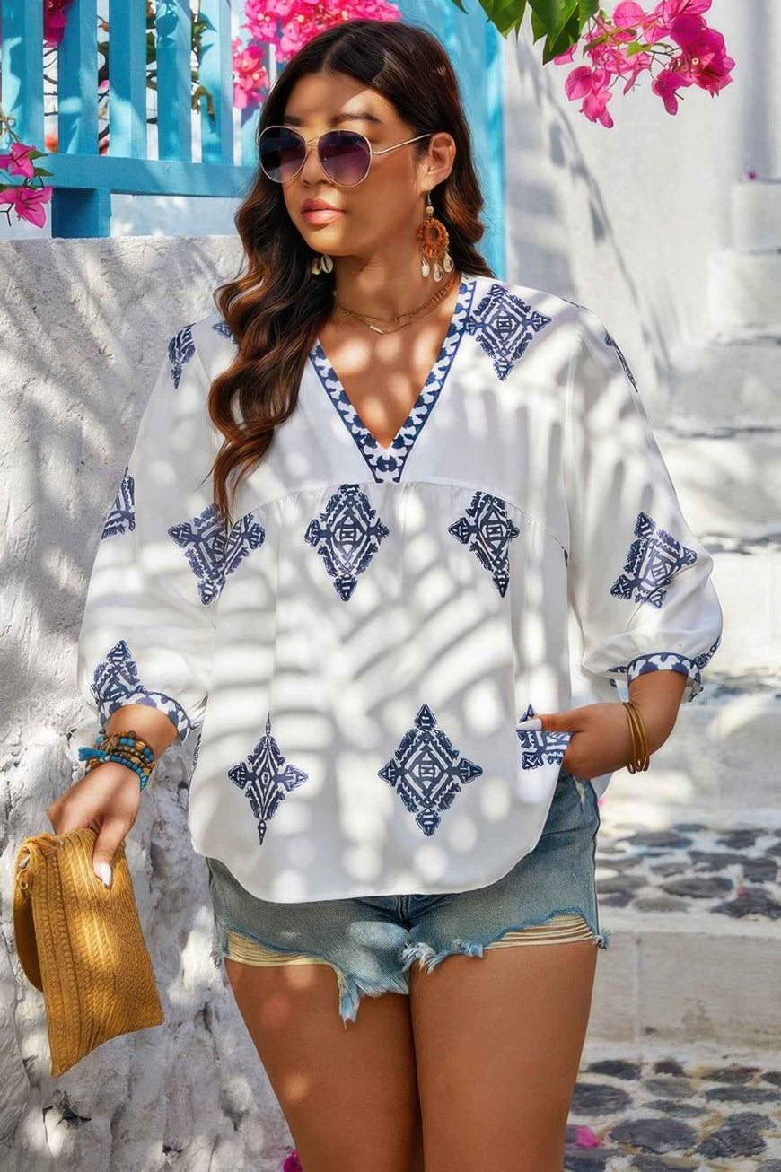 Plus V Neck Geometric Printed Embroidered Peplum Shirt