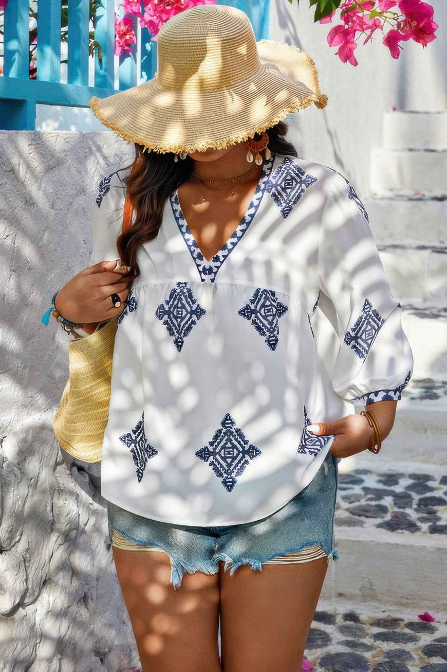 Plus V Neck Geometric Printed Embroidered Peplum Shirt