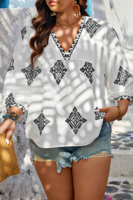 Plus V Neck Geometric Printed Embroidered Peplum Shirt