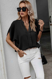 Notched Neck Solid Loose Fit Half Sleeve Blouse